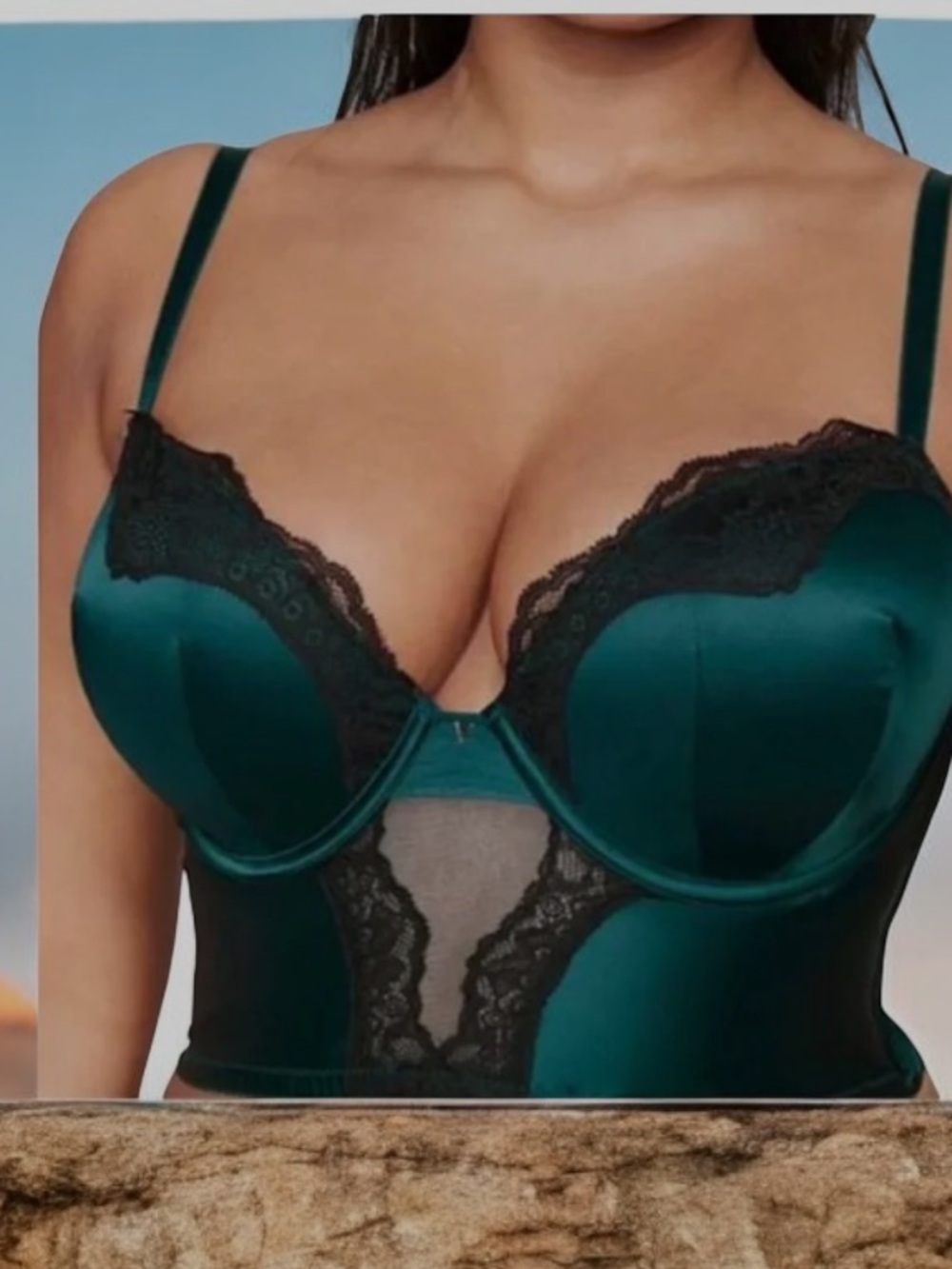Victoria's Secret Teal Satin Very Sexy Deep bustier Push Up Bra with Lace Trim